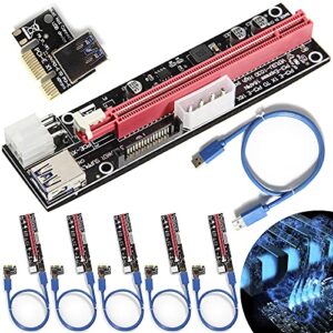 Latest 6 Pack PCIE Riser Express Cable 1X to 16X, PCI Risers with Led Graphics Extension Ethereum ETH Mining Powered Riser Adapter Card (Dual-6pin / MOLEX/SATA), with 24inches USB 3.0 Cable