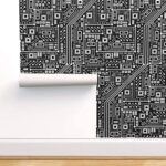 Spoonflower Pre-Pasted Removable Wallpaper, Robot Circuit Black White Nerd Geek Binary Digital Number Computer Print, Water-Activated Wallpaper, 24in x 108in Roll