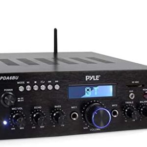 Pyle Wireless Bluetooth Power Amplifier System - 200W Dual Channel Sound Audio Stereo Receiver w/ USB, SD, AUX, MIC IN w/ Echo, Radio, LCD - Home Theater Entertainment via RCA, - PDA6BU