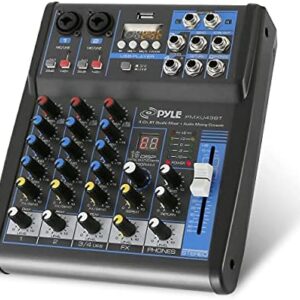 Pyle Professional Audio Mixer Sound Board Console System Interface 4 Channel Digital USB Bluetooth MP3 Computer Input 48V Phantom Power Stereo DJ Studio Streaming FX 16-Bit DSP processor-PMXU43BT