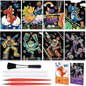 AP ARTSPER Scratch Art Cards Paper, Rainbow Cartoons Scratchboard for Kids and Adults, DIY foil Engraving Art & Crafts Gift Sets: 8 Drawing Board - Envelope Packaging 7.6"x10.6" (Dinosaurs/Robots)